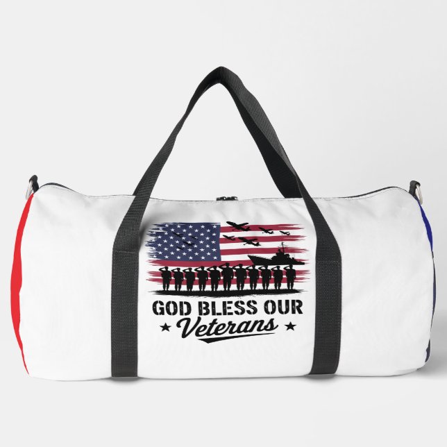 God Bless Our Veterans American Flag Duffle Bag (Front)