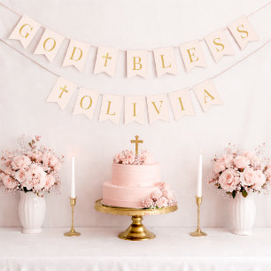 God Bless Pink & Gold 6 Letters Baptism Communion Bunting