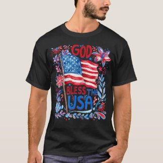 God Bless The Usa Floral Patriotic 4Th Of July T-Shirt