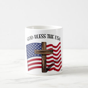 GOD BLESS THE USA with rugged cross & US flag Coffee Mug