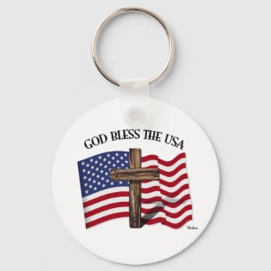 GOD BLESS THE USA with rugged cross & US flag Key Ring