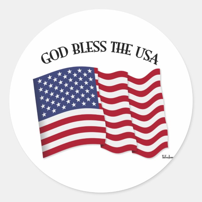GOD BLESS THE USA with US flag Classic Round Sticker (Front)