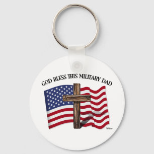 GOD BLESS THIS MILITARY DAD rugged cross & US flag Key Ring