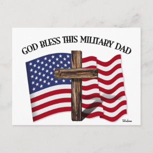 GOD BLESS THIS MILITARY DAD rugged cross & US flag Postcard