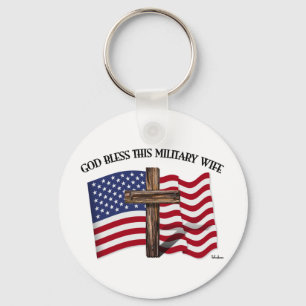 GOD BLESS THIS MILITARY WIFE - rugged cross, flag Key Ring