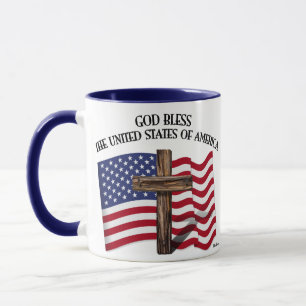 GOD BLESS UNITED STATES OF AMERICA cross US flag Mug