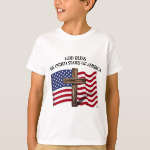 GOD BLESS UNITED STATES OF AMERICA cross US flag T-Shirt