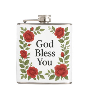 God Bless You Religious Rose Floral Hip Flask