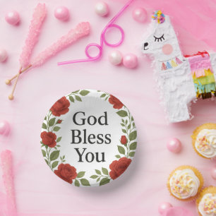 God Bless You Religious Rose Floral Paper Plate
