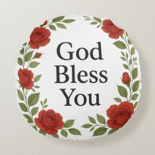 God Bless You Religious Rose Floral Round Cushion