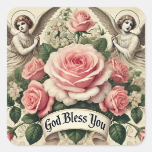 God Bless You Roses Angels Religious Square Sticker