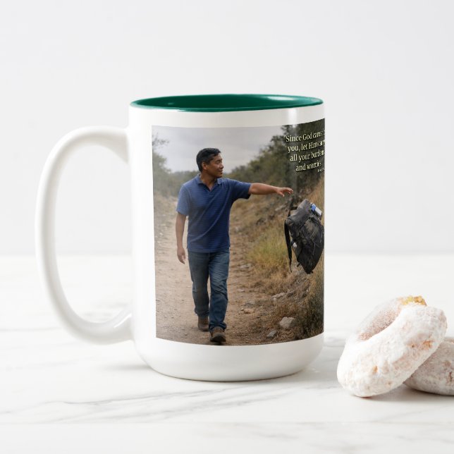 God cares for you Two-Tone coffee mug (With Donut)