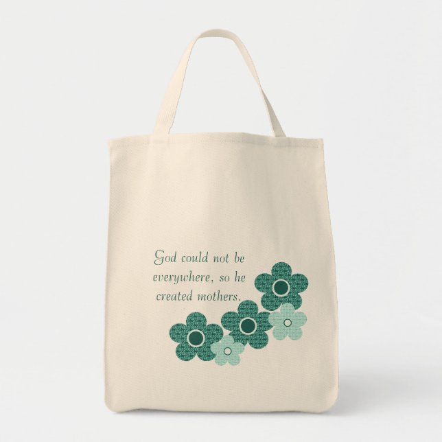 God Created Mothers Patterned Flower Bag, Teal Tote Bag (Front)