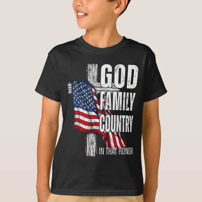 God Family Country American Flag Christian Patriot T-Shirt (Front)