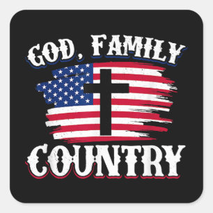 God Family Country American Flag Cross Christian P Square Sticker