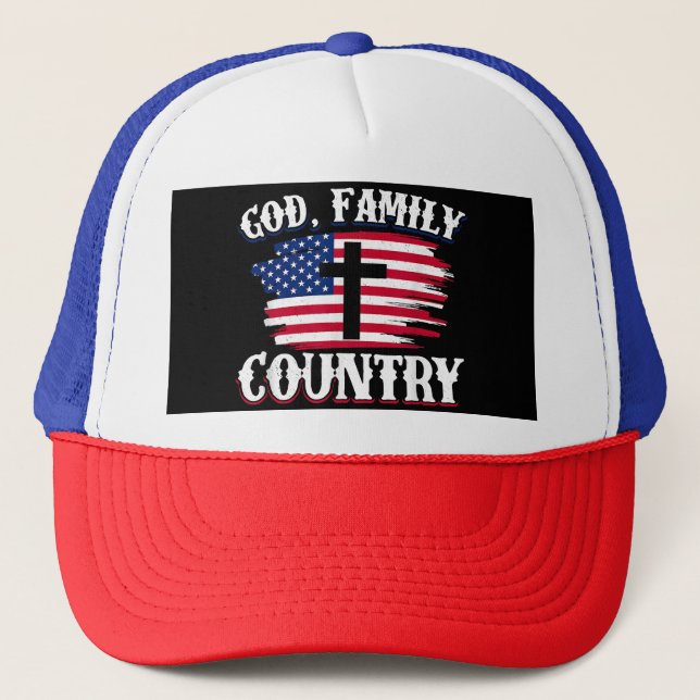 God Family Country American Flag Cross Christian P Trucker Hat (Front)