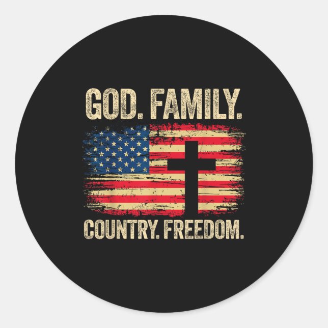 God Family Country Dom Usa Flag Cross  Classic Round Sticker (Front)