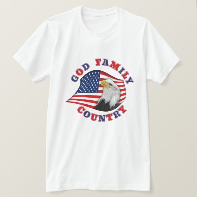 GOD FAMILY COUNTRY w Eagle on US Flag T-Shirt (Design Front)