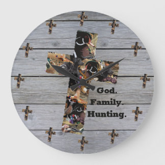 God, Family, Hunting Christian Cross Large Clock
