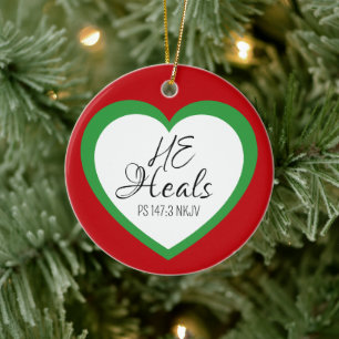 God Heals the Brokenhearted Red Christmas Ceramic Ornament