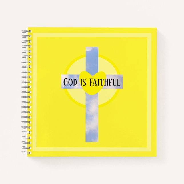 God is Faithful Cross Healing Bible Verse Yellow Notebook (Front)