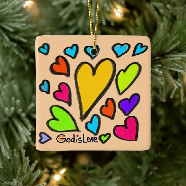 God is Love Colourful Hearts  Ceramic Ornament (Tree)