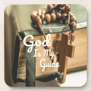 God Is My Guide Bible and Rosary Cross Coaster