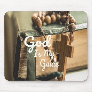 God Is My Guide Bible and Rosary Cross Mouse Pad