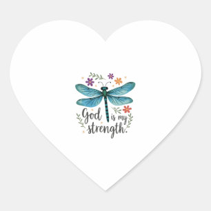 God is my strength Floral Dragonfly Christian T-Sh Heart Sticker