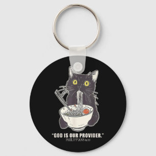 God is Provider Funny Cat Eating Ramen Japanese Key Ring