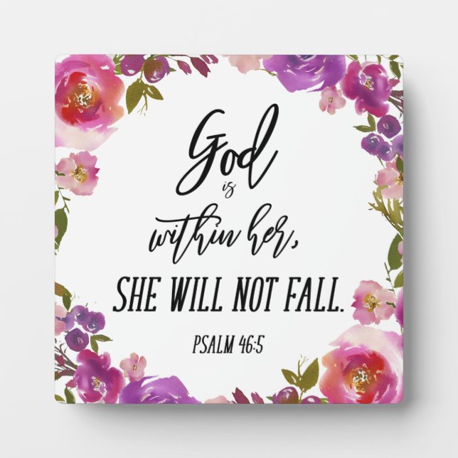God Is Within Her Bible Verse Pink Floral Wreath Plaque (Front)
