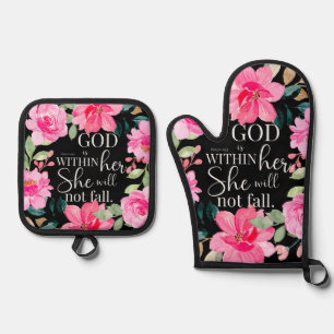 God is within her - Psalm 46:5 Pink Floral Oven Mitt & Pot Holder Set
