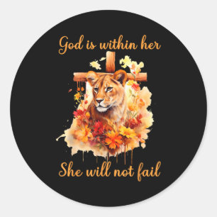 God Is Within Her She Will Not Fail Lioness Cross Classic Round Sticker