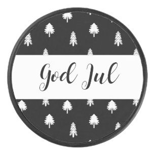 God Jul Christmas Scandinavian black pattern gift Hockey Puck