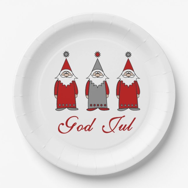 God Jul | Cute Funny Tomten Norwegian Christmas Paper Plate (Front)