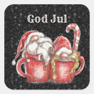 God Jul Gnome Couple In Cups  Square Sticker