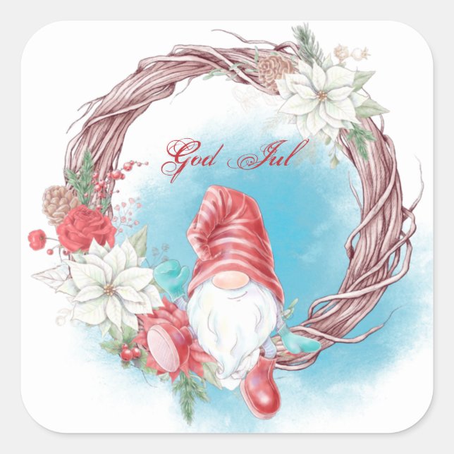 God Jul Gnome Wreath  Square Sticker (Front)