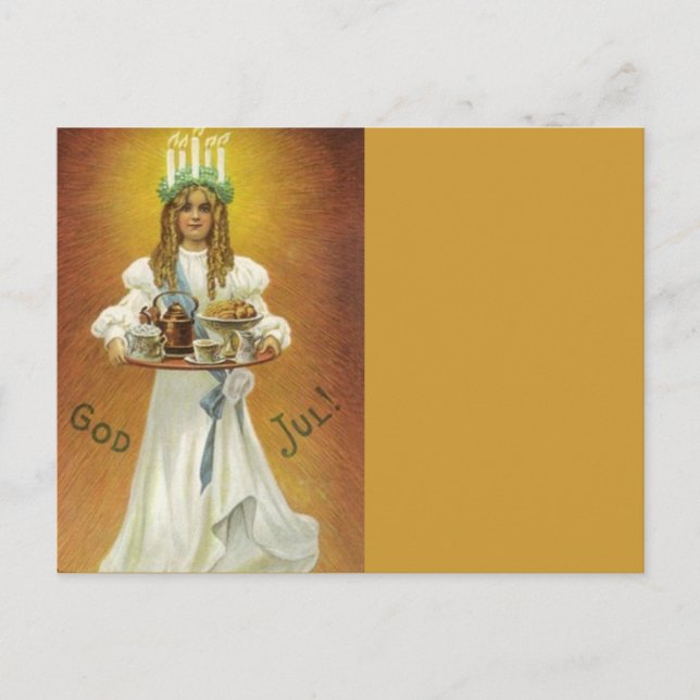 God Jul!  Lucia Child with Treats Postcard (Front)