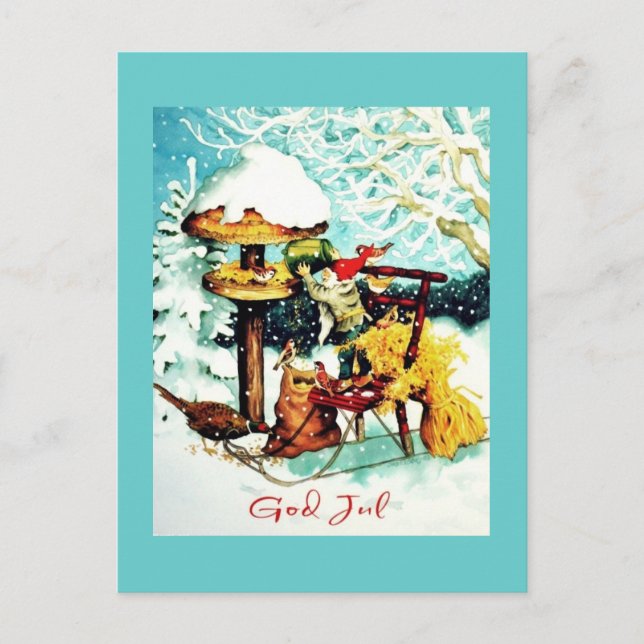 "God Jul!" Nisse Feeds Little Birds Postcard (Front)