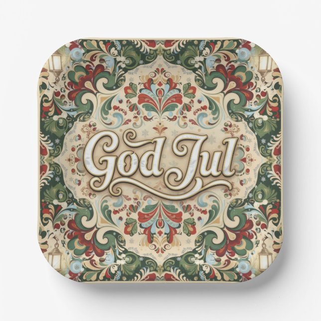 God Jul Norwegian Norway Christmas Paper Cups Plate (Front)