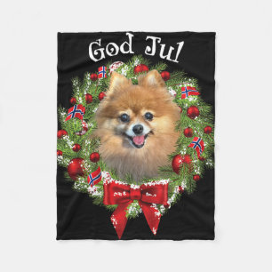 God Jul Norwegian Pomeranian Dog Christmas Wreath Fleece Blanket