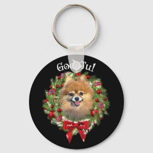 God Jul Norwegian Pomeranian Dog Christmas Wreath  Key Ring