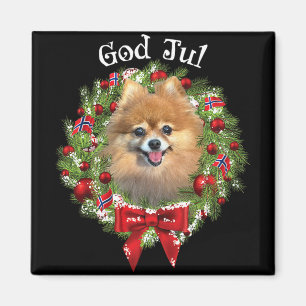 God Jul Norwegian Pomeranian Dog Christmas Wreath Magnet