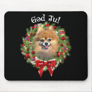God Jul Norwegian Pomeranian Dog Christmas Wreath Mouse Pad