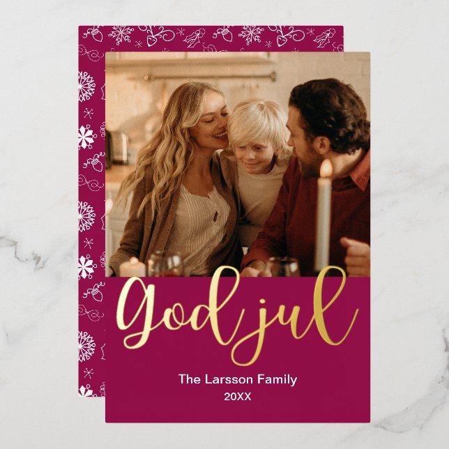 God Jul, Norwegian & Swedish Merry Christmas Foil Holiday Card (Front/Back)