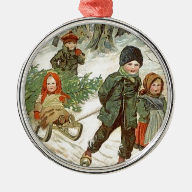 "God Jul!" or Tiny Children in the Snow Metal Ornament (Front)