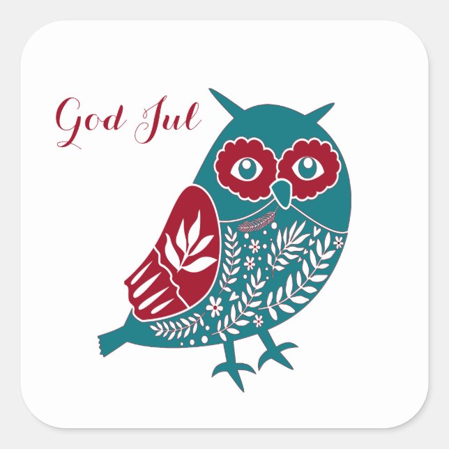 God Jul Scandinavian Blue and Red Owl Square Sticker (Front)