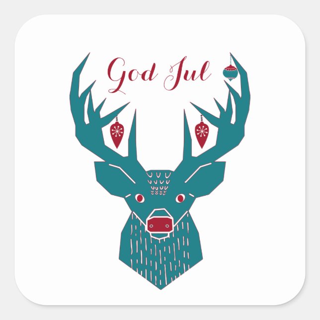 God Jul Scandinavian Blue and Red Reindeer Square Sticker (Front)