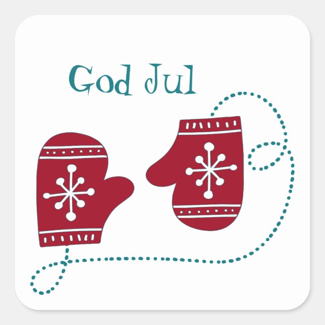 God Jul Scandinavian Red Mittens Square Sticker (Front)
