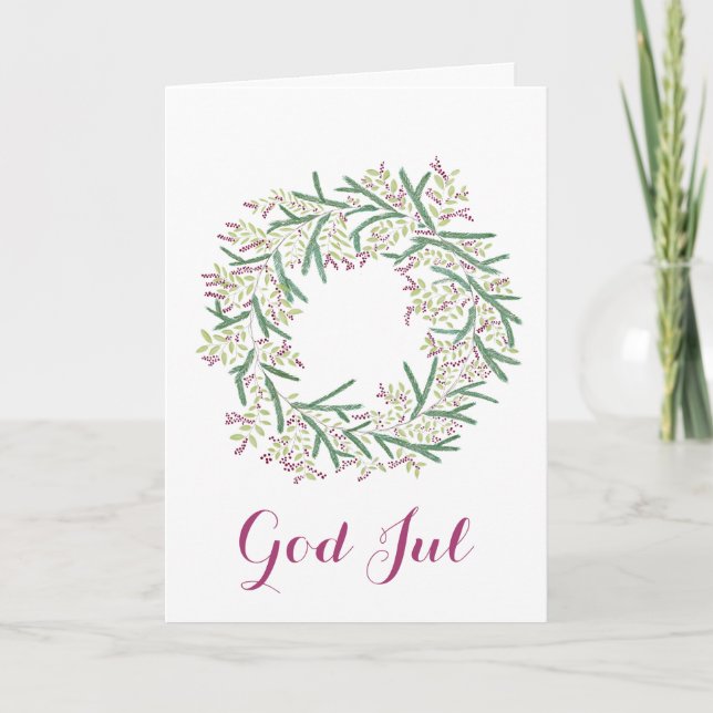 God Jul, Swedish Christmas Wreath Holiday Card (Front)